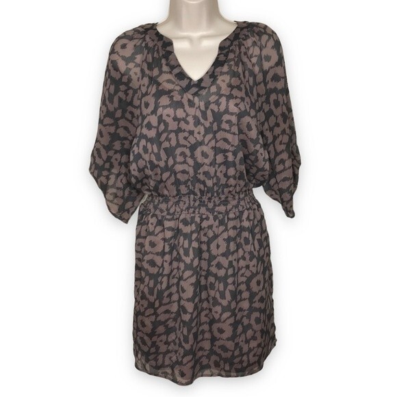 Express Leopard Print Semi Sheer Roll Tab Sleeve Gray Brown Dress Women's Small - Picture 1 of 12